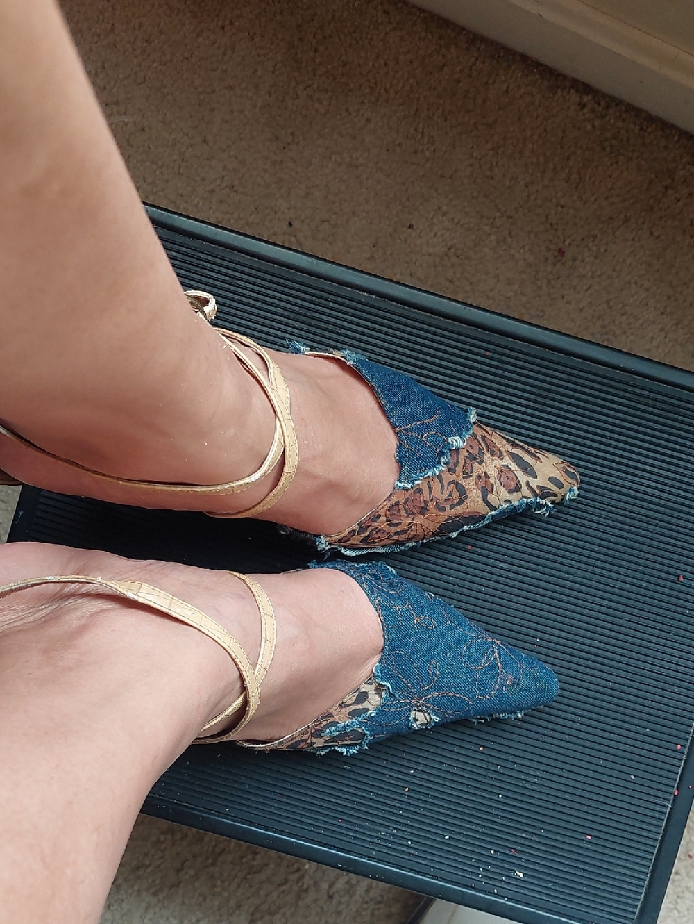 Rasolli Blue Denim & Leopard Print Pointed Heels with Gold Straps
